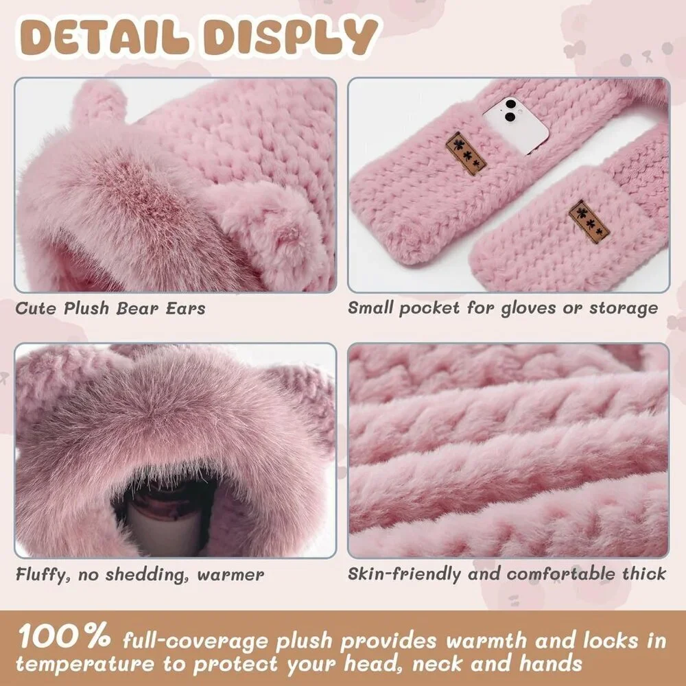 Women's Pink Hooded Scarf Cute Bear Ear Hat Faux Fur Gloves Set Soft